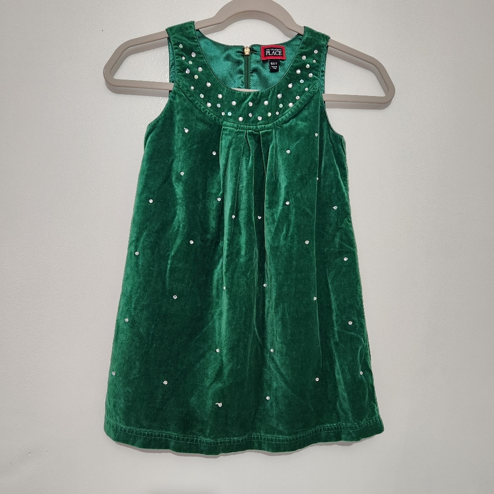 Childrens Place Dress Green Velvet Velour Rhinestones Gems Christmas 6 X/7 Girls